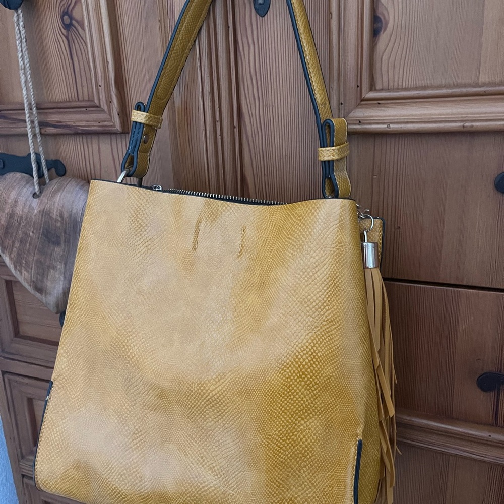 Gold Vegan Leather Shoulder Bag with Swinging Side Tassel